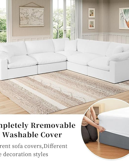 Modular Sectional Sofa Cloud Couch,Down Filled Comfy Cloud Modern Sofa,White Linen V Shape 5 Seater Oversized Couch Cushion Covers Removable for Living Room