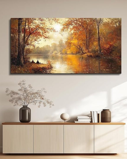 FUHAIHUA Canvas Wall Art For Living Room Large Wall Decor For Bedroom Aesthetics Office Wall Decoration Saffron Yellow Tree Landscape Painting Forest Picture Artwork Ready To Hang Home Decor 24"X48"