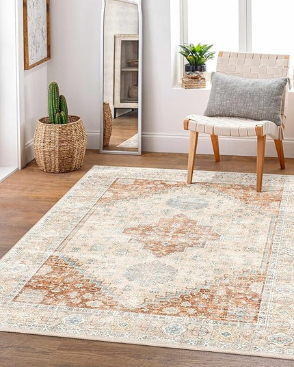 MUJOO 3x5 Rug Washable,Boho Area Rug for Bedroom Entryway Living Room Bathroom,Small Non Slip Indoor Throw Carpet Low Pile Terracotta