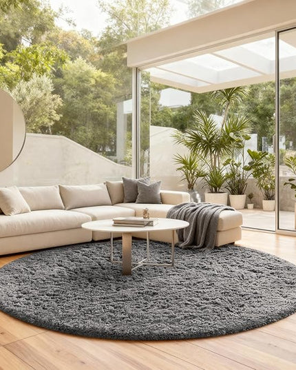Ophanie Round Rug 8Ft Grey Circle Area Rugs, Large Fluffy Fuzzy Living Room Carpet 8 feet, Plush Shag Solid indoor Floor Gray Bedroom Christmas Circular Aesthetic Decor for Kids Teen Boys Baby,Nursery