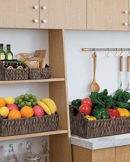 Ollieroo Natural Water Hyacinth Storage Baskets, Handwoven Wicker Storage Bins with Built-in Handles, Storage Container Baskets for Shelves, Bedroom, Bathroom, Laundry Room or Kitchen(Black)
