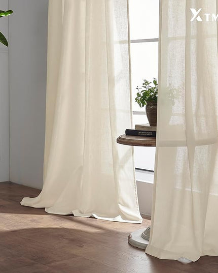 XTMYI Contemporary Curtains for Living Room,Pleat Hooks Linen Semi Sheer Ruffle Curtains for Master Bedroom 2 Panels,90 Inch Long,Beige