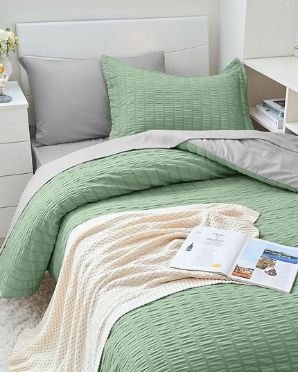 HYMOKEGE Sage Green/Light Grey Twin XL Comforter Set Seersucker 5 Pieces, All Season Luxury Bed in a Bag for Bedroom, Bedding Set with Comforter, Sheets, Pillowcase & Sham