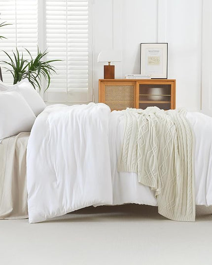 Litanika White Comforter Full Size Set, 3 Pieces Lightweight Solid Bedding Comforter Set, All Season Fluffy Bed Set