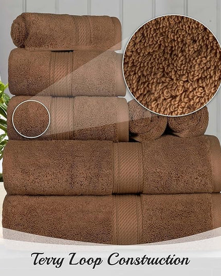 Superior Egyptian Cotton Pile 8 Piece Towel Set, Includes 2 Bath, 2 Hand, 4 Face Towels/Washcloths, Ultra Soft Luxury Towels, Thick Plush Essentials, Guest Bath, Spa, Hotel Bathroom, Chocolate
