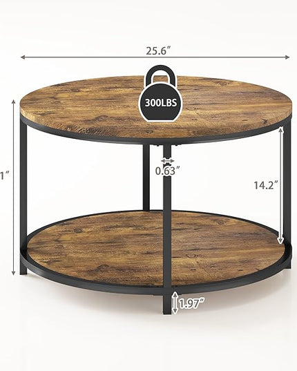 NSdirect Round Coffee Table, 25.6" Small Coffee Table for Living Room,2-Tier Rustic Wood Desktop with Storage Shelf Modern Design Home Furniture(Brown)