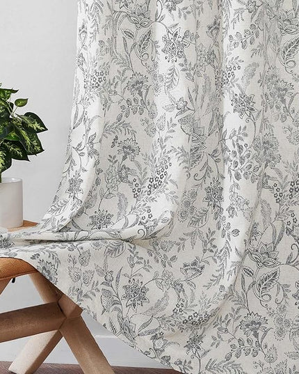 Lazzzy Floral Linen Farmhouse Curtains 63 Inch Length Drapes for Living Room Bedroom Pattern Light Filtering Country Vintage Curtain Grommet Top, 2 Panels, Black on Beige