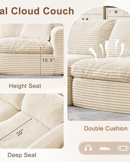 108” Modular Sectional Sofa Couches L Shaped Couch 3 Seater Cloud Sofa Memory Foam Sectional Couches for Living Room, Boneless Couch with Ottoman, Corduroy, Beige