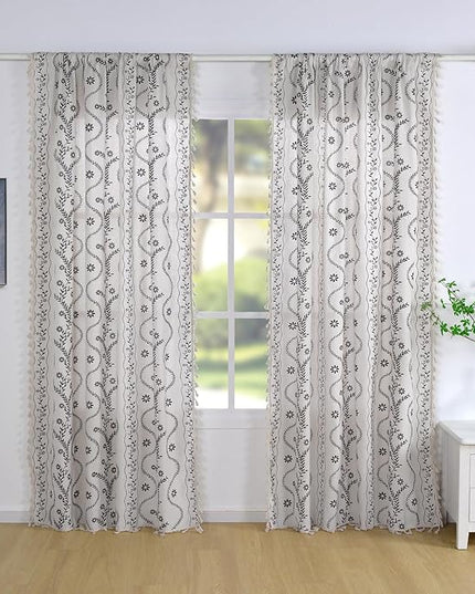 Schweek Boho Curtains for Living Room, 2 Panels Linen Sheer Floral Long Curtain, Vintage Printed Patterned Curtains with Tassels Rustic Country Curtain Drapes 52x96 Inches