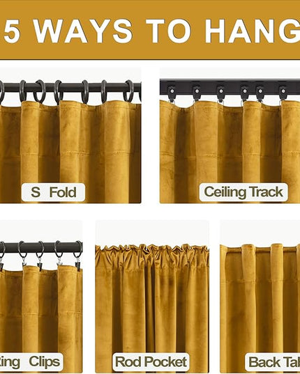 KOUFALL Mustard Yellow Velvet Curtains 96 Inches Long 2 Panel Set Black Out,Back Hook Mid Century Modern Curtain,Pleated Blackout MCM Vintage Boho Eclectic Curtains for Living Room Bedroom