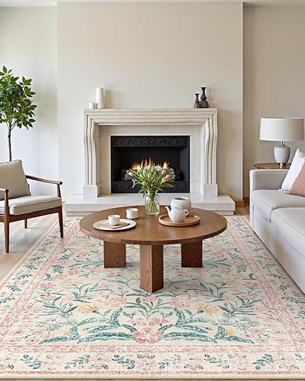Wonnitar Floral Large Rugs for Living Room, Soft Light Pink Rug Washable 9x12 Carpet Non Slip, Boho Foldable Non-Shedding Kids Carpet for Bedroom Girls Nursery Dorm Playroom