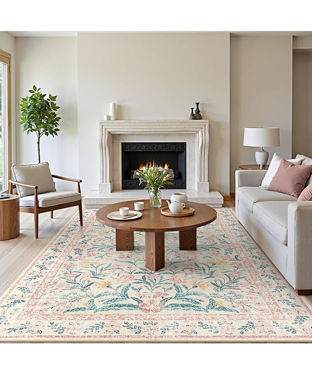 Wonnitar Floral Large Rugs for Living Room, Soft Light Pink Rug Washable 9x12 Carpet Non Slip, Boho Foldable Non-Shedding Kids Carpet for Bedroom Girls Nursery Dorm Playroom