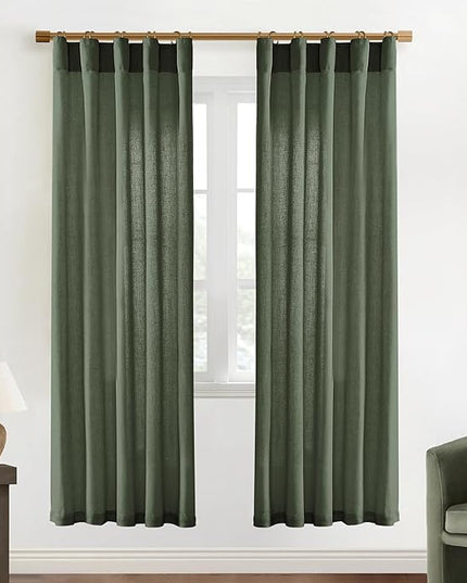 XTMYI Back Tab/Hook Belt Linen Cotton Sheer Curtains for Bedroom Living Room,40 Inch Wide,78 Inch Length 2 Panels,Olive Green