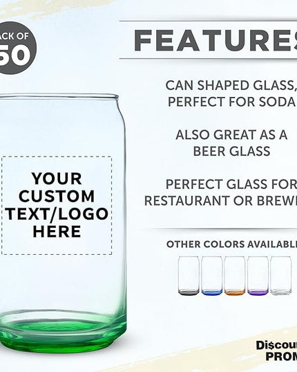 Custom Beer Can Glasses Set of 50, 16 oz. Pint Sized, Promotional Text, Logo, Soda Can Shape, Glassware, Green