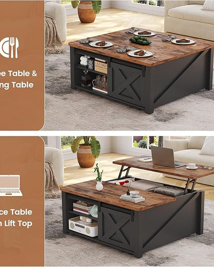 SEDETA 31.5" Lift Top Coffee Table with Storage, Square Coffee Tables for Living Room, Farmhouse Coffee Table with Large Hidden Storage Compartment and Adjustable Shelves, Black