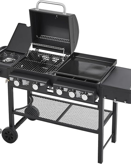 All-in-One Propane Gas Grill & Griddle Combo, 56,000 BTU 5-Burner BBQ Grill with Side Burner, 745 Sq.In Cooking Area, Heavy-Duty Outdoor Grill for Backyard & Patio