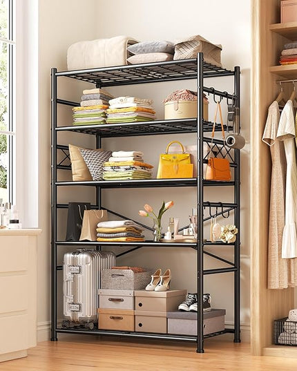 Storage Shelves 5-Tier Large Capacity Metal Shelving with Hooks, Heavy Duty Garage Shelving Unit with Leveling Feet, Stable Metal Shelves for Pantry, Kitchen and Closet, 72" H x 36" W x 12" D, Black