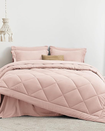 Love's cabin King Size Comforter Set Pink, 7 Pieces King Bed in a Bag, All Season Bedding Sets with 1 Comforter, 1 Flat Sheet, 1 Fitted Sheet, 2 Pillowcase and 2 Pillow Sham