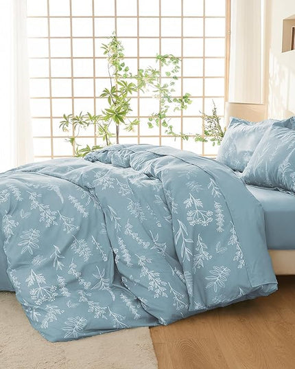 MUXHOMO Mineral Blue Full Comforter Set, Elegant Floral Print Bed in a Bag 7 Pieces, Ultra Soft & Breathable Reversible Botanical Pattern Bedding Set with Comforter, Sheets, Pillowcases, and Shams