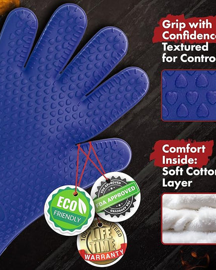 KITCHEN PERFECTION XL Silicone Smoker Oven Gloves-Extreme Heat Resistant BBQ Gloves-Handle Hot Food Right on Your Grill Fryer&Pit|Waterproof Grilling Cooking Baking Mitts|Superior Value Set+3 Bonuses