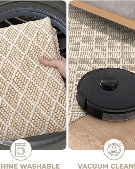 KOZYFLY Runner Rug 2x6 Ft Washable Runners for Hallways Non Slip Rubber Backed Kitchen Runners, Cotton Entryway Runner Indoor, Floor Carpet for Hallway Kitchen Entryway Bedroom, Tan/Beige