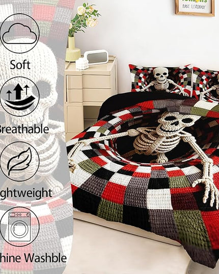 AILONEN Skull Print Comforter Set Full Size,3-Piece Skeleton Halloween Theme Bedding Set,Colorful Checkered Skull Art Duvet with 2 Pilllowcases