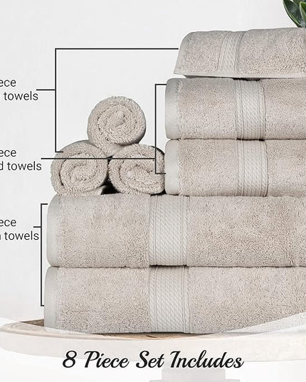 Superior Egyptian Cotton Pile 8 Piece Towel Set, Includes 2 Bath, 2 Hand, 4 Face Towels/Washcloths, Ultra Soft Luxury Towels, Thick Plush Essentials, Guest Bath, Spa, Hotel Bathroom, Stone
