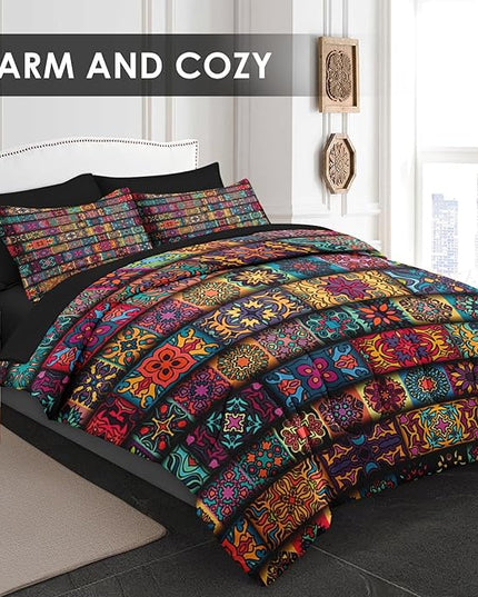 Comforter Set Queen Size, Colorful Vintage Floral 7 Pcs Bedding for Kids and Adults, Mandala Bohemian Bed Sheet Sets with Fitted Sheet 2 Pillowcases & 2 Shams for Bedroom Bed Decor