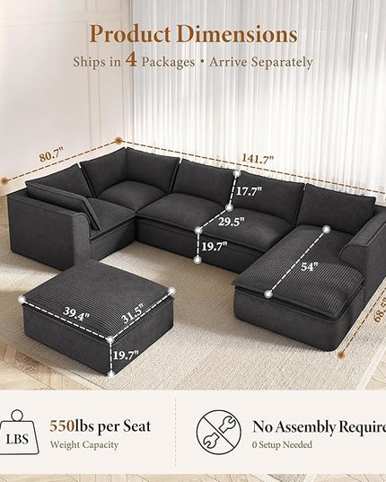 Vesgantti 141.7" Oversized Boneless Sectional Couch, 7 Seater Modular Sofa with Chaise & Ottoman & Armrest, Deep Seat Corduroy Cloud Couches for Living Room, No Assembly Required, Black