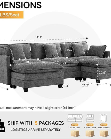 111'' Sectional Cloud Deep Seat Couch, Oversized Chenille U Shaped Sectional Sofa for Living Room Set, Comfy Upholstered Modular 3-Seats Sectional Sofa Couch with 2 Movable Ottoman, Grey