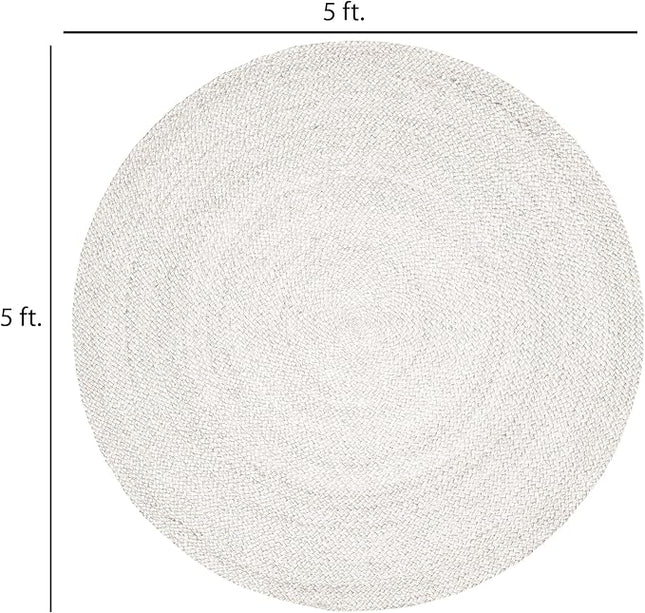 FRELISH DECOR Handwoven Jute Area Rug- Off-White Round Rustic Vintage Beige Braided Reversible Rug- Eco Friendly Rug for Bedroom, Kitchen, Living Room, Farmhouse (5' Round - Off-White)