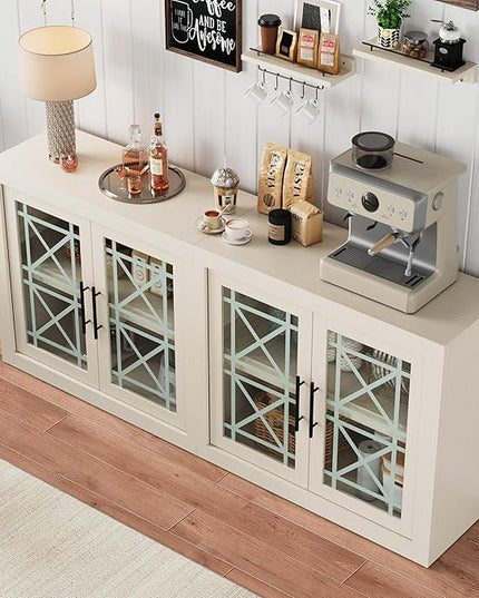GarveeHome 71" White Buffet Sideboard with Storage, Modern Tall Coffee Bar Cabinet with 4 Glass Doors, Large Kitchen Buffet Table for Dining Room, Living Room, Entryway