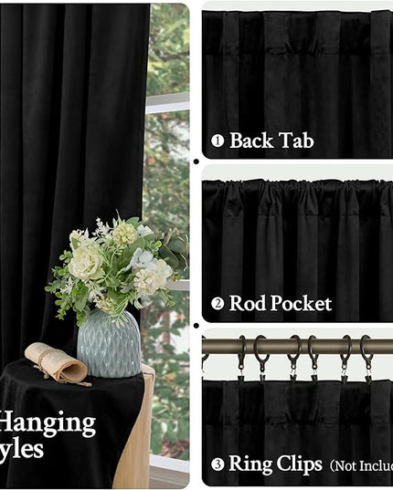 LAMIT Halloween Black Velvet Curtains for Bedroom 72 Inch, Luxury Thermal Room Darkening Drapes Back Tab and Rod Pocket Privacy Blackout Panels for Movie Theater, 2 Panels, 52 x 72 Inch