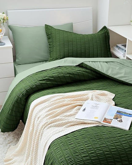 HYMOKEGE Dark Green/Sage Green Twin XL Comforter Set Seersucker 5 Pieces, All Season Luxury Bed in a Bag for Bedroom, Bedding Set with Comforter, Sheets, Pillowcase & Sham