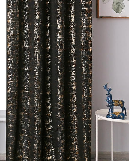 Taisier Home Gold Foil Print Linen Textured Curtains Geometric Dots Pattern Design Curtains for Bedroom Living Room Thermal Insulated Window Treatment 2 Panels 84" L,Black and Gold Print