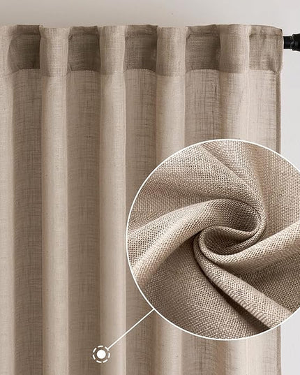 MIULEE Taupe Linen Curtains 108 Inches Long for Bedroom Living Room, Soft Thick Linen Textured Window Drapes Semi Sheer Light Filtering Rod Pocket Back Tab Burlap Look Farmhouse Decor, 2 Panels