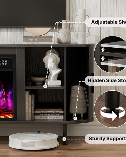 65" Fluted Fireplace TV Stand for TVs Up to 75 inches, Modern Entertainment Center with 23" Electric Fireplace, Wooden Curved TV Console with Sliding Doors for Living Room, Black