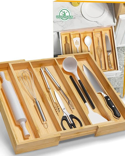Bamboo Utensil Organizer Cutlery Organizer - Expandable 5 Slots Multipurpose Kitchen Drawer Organizer for Large Cooking Utensils, Baking Tools, Knife Set W13.7"-19.9" x L17.6" X H2.5"(Yellow)