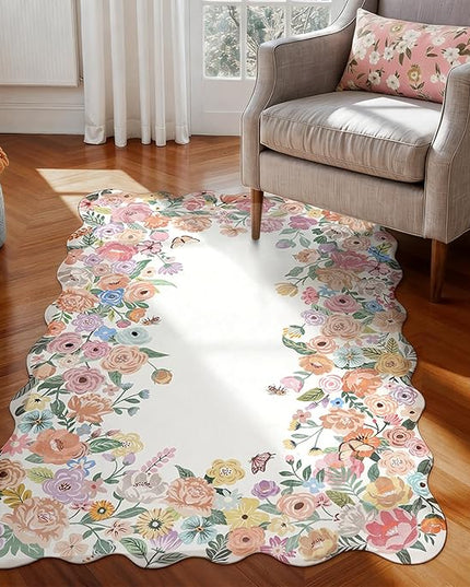 Wonnitar Washable 3x5 Bedroom Rug, Soft Camellia Floral Area Rugs for Living Room, Non Slip Boho Flower Nursery Rug Scalloped Throw Carpet for Kids Room Bedside Entryway Laundry Room (Beige,3'x5')