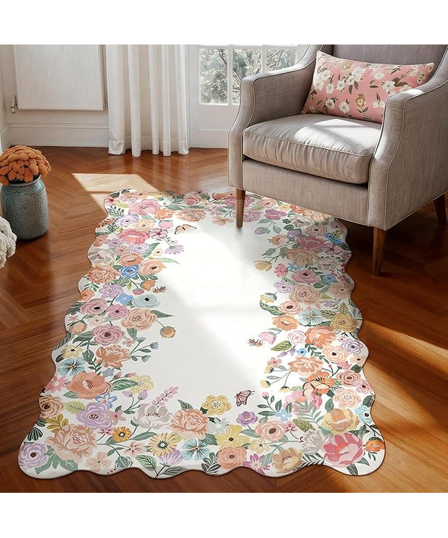 Wonnitar Washable 3x5 Bedroom Rug, Soft Camellia Floral Area Rugs for Living Room, Non Slip Boho Flower Nursery Rug Scalloped Throw Carpet for Kids Room Bedside Entryway Laundry Room (Beige,3'x5')