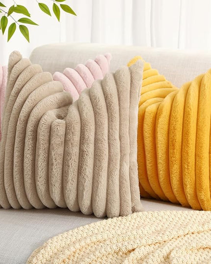 decorUhome Faux Fur Spring Throw Pillow Covers 16x16 Set of 2, Decorative Soft Plush Striped Neutral Couch Euro Pillow Covers with Velvet Back for Sofa, Bed, Living Room Home Decor, Mustard Yellow