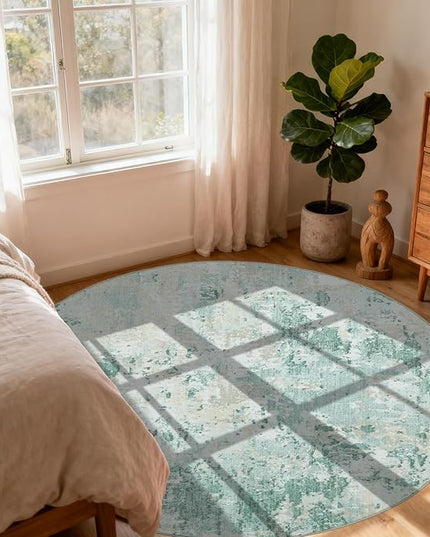 Modern Abstract 4x4 Round Area Rug Non Slip Non Shedding Rug Low Pile Stain Resistant for Bedroom Living Room Office Dining Room,Green