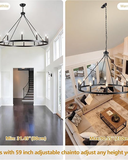 Black Wagon Wheel Chandelier 38 inch,12-Light Farmhouse Wagon Wheel Chandeliers Round Industrial Ceiling Rustic Country Light fixtures for Outdoor Porch high Ceilings Living Dining Room Foyer Entryway