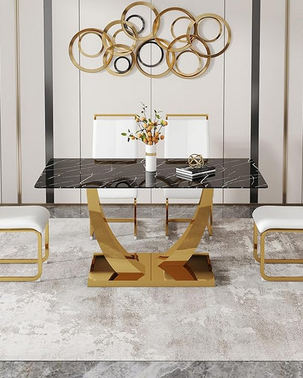 63” Dining Room Table Set for 4,Modern Gold Dining Table Set for 4 with PU Leather Chairs,Black Faux Marble Dinner Table Set with Tempered Glass Top and Golden Base
