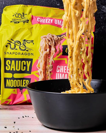 Snapdragon Saucy Instant Noodles with Cheezy Umami, Savory Slurpable Sauce - Quick Meal, Snack, and Lunch. 4-Pack Microwave Noodles for Cup, Bowl, Cheddar Cheese Ramen or Asian Stir Fry