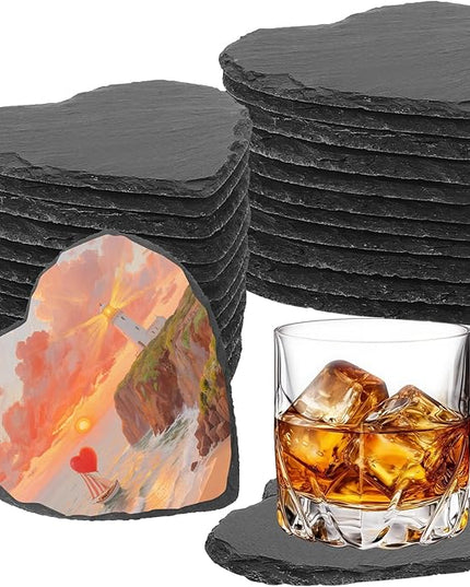 24 PCS Slate Drink Coasters Bulk,4 Inch Black Slate Stone Coasters for Office, Home Decor,Laser Engraving Blanks with Anti-Scratch Bottoms for Coffee Bar Kitchen(Heart)