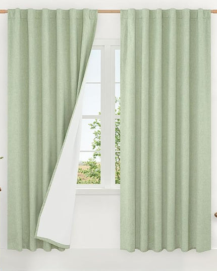 LAMIT 100% Blackout Linen Curtains, 80 Inches Linen Textured Thermal Bedroom Drapes Back Tab and Rod Pocket Neutral Panels with White Liner for Farmhouse, 2 Panels, 52 x 80 Inch, Light Green