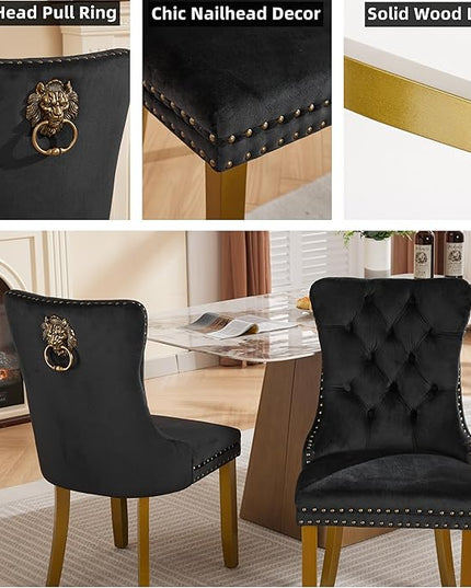 Modern 5-Piece Glass Dining Table Set for 4, Modern 60" Rectangle Gold Glass Dining Room Table Set with Black Velvet Tufted Chairs Wood Legs for Kitchen Dining Room