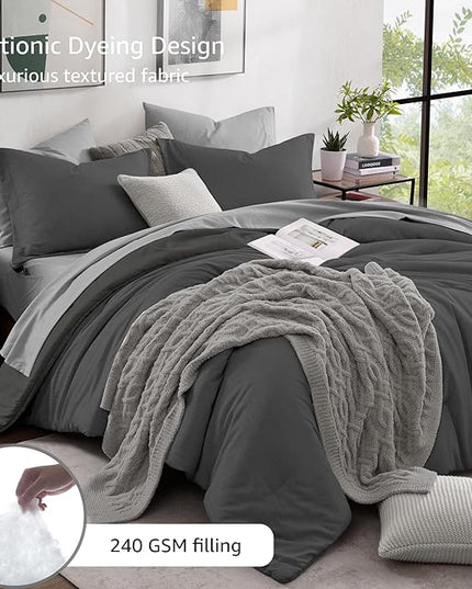 Monbix Queen Comforter Set - 7 Pieces Cationic Dyeing Dark Grey Bed in a Bag Queen Bedding Sets with Comforter, Sheets, Pillowcases & Shams, Reversible Bedding Comforters Sets
