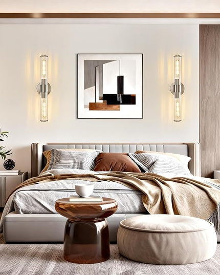 Bathroom Vanity Light Fixtures, Nickel Wall Sconces in Threaded Glass, Modern Wall Light for Bathroom Living Room Bedroom, Hallway
